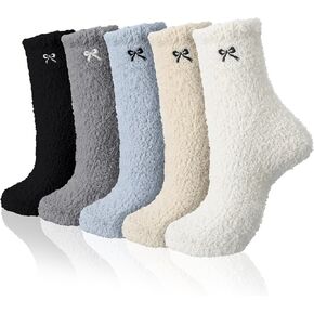 5 Pairs Women Bow Fuzzy Socks Fluffy Cozy Slipper Socks for Sleeping Coquette Bow Birthday Gifts