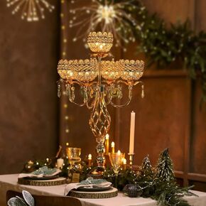 Crystal Candelabra المركزية ، حامل معدني ذهبي 5 ضوء مع بلورات معلقة ، حامل طاولة الزفاف الزخرفي (2 ، الذهب)
