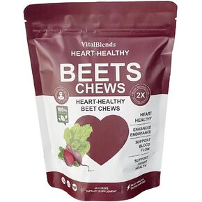 Beetroot Heart Chews, Nitric Oxide and Blood Pressure Support for Energy, Stamina & Heart Health. Grape Seed Extract & Non-GMO Beet Root Powder Energy Supplement, 60 Count