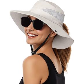 Womens Sun Hat - Sun Hats for Women with Ponytail Hole, Foldable Wide Brim Cooling Mesh Beach Fishing Hat for Outdoor