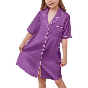 QPANCY Girls Satin Nightgowns Button Down Silky Sleepwear Pajamas Short Sleeve Princess Night Dresses Loungewear