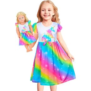 PASHOP Doll and Girl Matching Nightgown Flutter Sleeve Unicorn Princess Pajamas Night Dress for Girls and 18" Doll Clothes