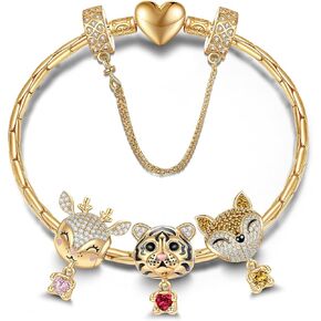 GONA Sterling Silver Charms Bracelet Set S925 Animals Cute Reindeer Tiger Clever Fox Tarnish-Resistant Jewelry Heartful Hugs Collection With Enamel In 14K Gold Plated for Granddaughter Women