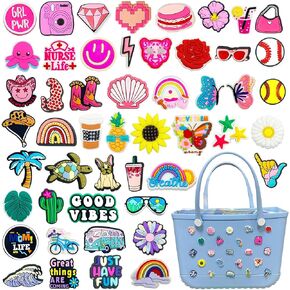 50Pcs Charms for Bogg Bag Accessories Cute PVC Rubber Beach Bag Charm Preepy Cowgirls Balls Summers Themed Decoration Charms for Handbags Tote