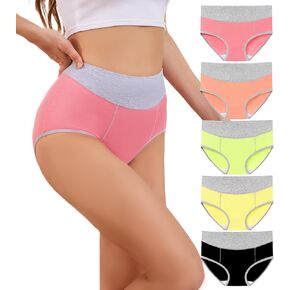 KAZNA Womens Cotton Underwear, High Waisted Briefs Panties Plus & Regular Size, Breathable Soft Hipster 5 Pack