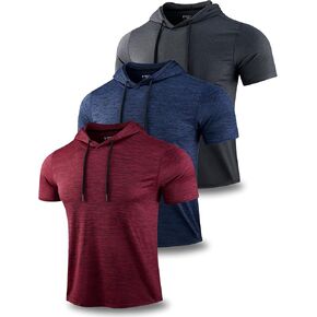 3 Pack: Men's Lightweight Short Sleeve Workout Hoodies, Athletic Dry Fit Hooded T Shirts for Gym Running