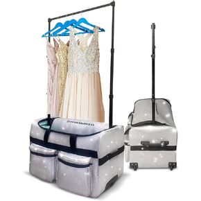 حقيبة Duffle Dufffing الرقص مع رف الثياب 28 " - حقيبة مسابقة للرقص المتلألئة الفضية للعروض والسفر والعروض - حقيبة رقص قابلة للطي مع عربة محمولة وجيوب تخزين