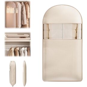 Space Saving Hanging Garment Bag with Self Compression Zipper,Self Compression Zip Garment Bags,Space Saving Hanging Protector,Dust Cover Clothes Bags for Down Coat (Beige,Large)