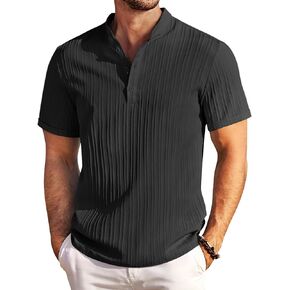 COOFANDY Men Casual Henley Tee Shirt Short Sleeve Band Collar Summer Beach Textured T-Shirt