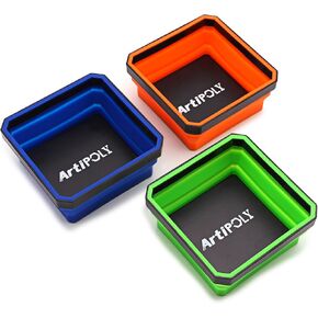 Collapsible Magnetic Parts Tray Set, 3 Pack Foldable Silicone Magnetic Tool Trays for Bolts, Screws, Nuts and Other Small Metal Parts, 4.5 Inch Square Silicone Bowls