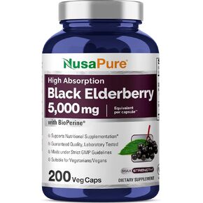Nusapure Black Elderberry 50: 1 مستخلص ، 100 ملغ يعادل 5000 ملغ لكل كبسولات الخضروات ، 200 عدد (غير محلي ، Bioperine) سامبوكوس