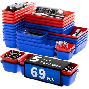 [5 أحجام] [69 PCS] منظم درج الأدوات ، صينية مكتب ، صدر متداول ، صندوق أدوات (أسود+أحمر)