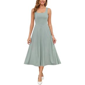 Zattcas Womens 2025 Spring Summer Square Neckless Flowy Swing Midi Dress Dress Wedding Prom Prom Cocktail Party