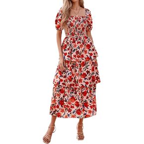 BTFBM Womens Square Neck Smocked Dress Summer Puff Short Sleeve Floral Casual Ruffle Tiered Maxi Wedding Guest Dresses