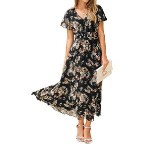 Simplee Womens Floral Maxi Dress - Short Sleeve Summer Boho Wedding Guest Dress Empire Waist Chiffon Modest Midi Dresses in Kuwait