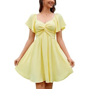 Florboom Women's Sweetheart Knot Front Dress Flutter Sleeve Tie Back A-Line Chiffon Mini Dresses