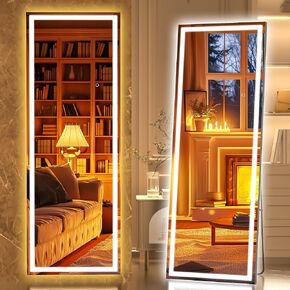 Hasipu 56" x 18" Full Length Mirror with Lights, LED Lighted Floor Standing or Wall Mounted, Dimmable Full Body Dressing Mirror, Tempered Glass, Square Black