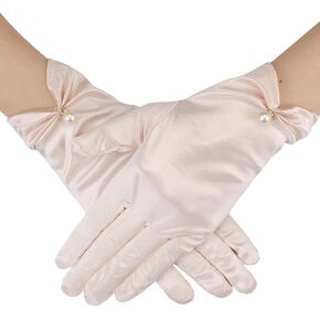 Geyoga Short Satin Gloves Bridal Wrist Pearl Gloves for Tea Party Banquet Costume 1920s Flapper Accessories for Wedding