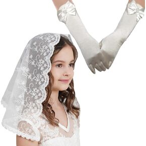 Leimandy Girls First Communion Veil & Satin Gloves Set - Lace Veil with Bowknot Gloves for Mass Baptism Wedding F17