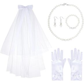 First Communion Veil Set Bow Veil Headpiece Gloves Necklace 1st Holy Communion Accessories for Wedding Party Costume