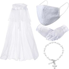 Yahenda 4 Pieces Girls First Communion Veil Set White Flower Headband Wreath 1st Communion Veil White Satin Gloves with Face Covering Faux Pearl Bracelet for Kids Wedding Party