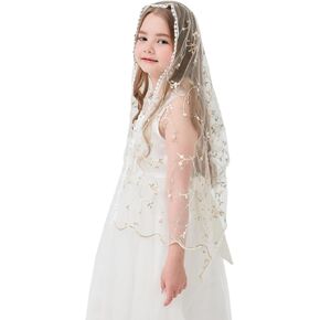 Rectangular Veil for Girls Rose Embroidered Veil Floral Veil for First Communion Girls Flower Veil K1