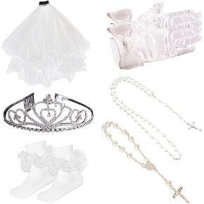 6 Pcs First Communion Veil Set for Girls White 1st Communion Veil Satin Gloves Lace Socks Rhinestone Crown Pearl Necklace Bracelet First Communion Accessories for Girls Wedding Flower Girl