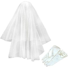 First Communion Veil for Girls,First Communion White Veil and Gloves Set,Girls' First Communion Veils,First Holy Communion Veil for Girls,Flower Girl Veil,First Holy Communion Accessories for Kids