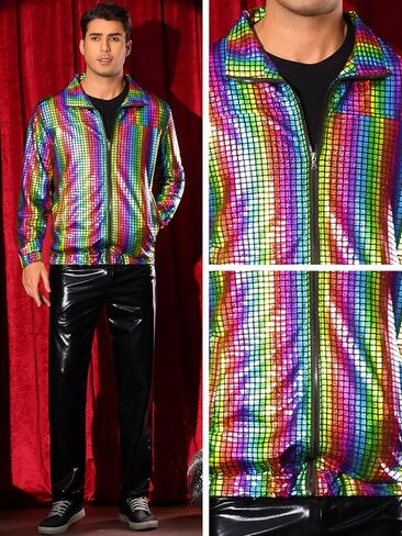 Lars Amadeus Metallic Jacket for Men's Long Sleeve Stand Collar Party Disco Shiny Holographic Jackets in Saudi Arabia