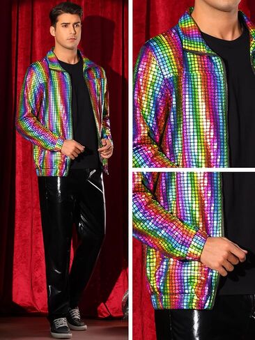 Lars Amadeus Metallic Jacket for Men's Long Sleeve Stand Collar Party Disco Shiny Holographic Jackets in Saudi Arabia