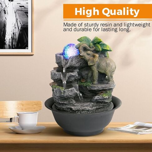 BEAMNOVA Tabletop Fountain,3 Tiered Elephant & Baby Elephant Indoor Fountains,with LED Light Water Feature for Home Office Décor in Kuwait