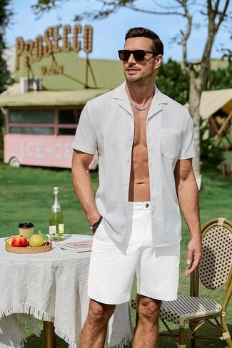 JMIERR Mens Casual 8" Cotton Linen Shorts - Button Waist Summer Beach Shorts with Pockets in Saudi Arabia