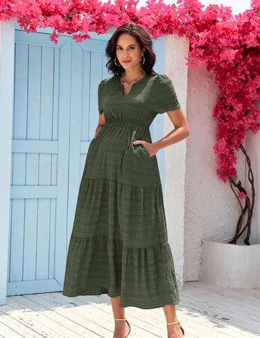 Summer Maxi Maternity Dress Pockets Casual Vacation Boho Baby Shower Short Sleeves A Line Beach Sundress Pregnancy in Saudi Arabia