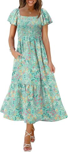 OFEEFAN Summer Dresses for Women Square Neck Ruffle Sleeve Smocked Maxi Dress with Pockets in Saudi Arabia