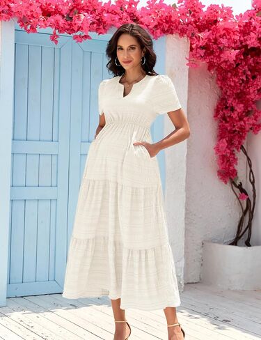 Summer Maxi Maternity Dress Pockets Casual Vacation Boho Baby Shower Short Sleeves A Line Beach Sundress Pregnancy in Saudi Arabia