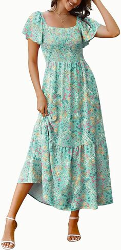 OFEEFAN Summer Dresses for Women Square Neck Ruffle Sleeve Smocked Maxi Dress with Pockets in Saudi Arabia