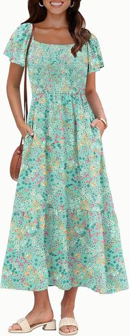 OFEEFAN Summer Dresses for Women Square Neck Ruffle Sleeve Smocked Maxi Dress with Pockets in Saudi Arabia