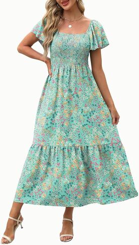 OFEEFAN Summer Dresses for Women Square Neck Ruffle Sleeve Smocked Maxi Dress with Pockets in Saudi Arabia