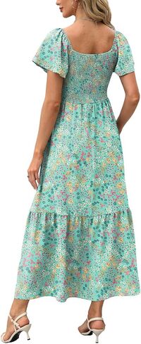 OFEEFAN Summer Dresses for Women Square Neck Ruffle Sleeve Smocked Maxi Dress with Pockets in Saudi Arabia