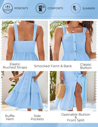 GRACE KARIN Womens Summer 2025 Midi Dress Spaghetti Strap Smocked Button Casual A Line Long Beach Flowy Sun Dresses Pockets in Saudi Arabia
