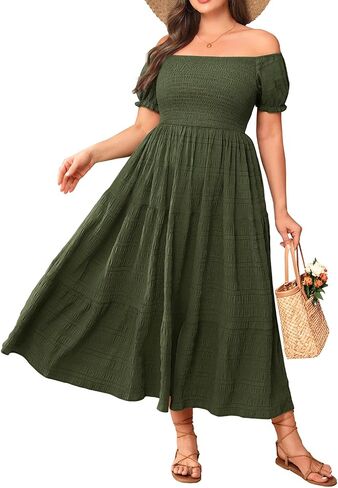 Pinup Fashion Plus Size Summer Dresses - Off Shoulder Casual Graduation Baby Shower Long Sun Dress with Pockets in Saudi Arabia