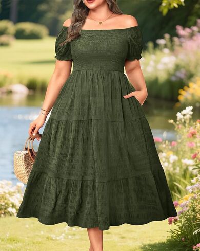 Pinup Fashion Plus Size Summer Dresses - Off Shoulder Casual Graduation Baby Shower Long Sun Dress with Pockets in Saudi Arabia
