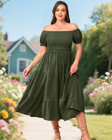 Pinup Fashion Plus Size Summer Dresses - Off Shoulder Casual Graduation Baby Shower Long Sun Dress with Pockets in Saudi Arabia