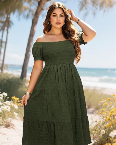 Pinup Fashion Plus Size Summer Dresses - Off Shoulder Casual Graduation Baby Shower Long Sun Dress with Pockets in Saudi Arabia