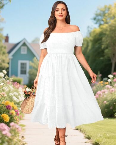 Pinup Fashion Plus Size Summer Dresses - Off Shoulder Casual Graduation Baby Shower Long Sun Dress with Pockets in Saudi Arabia
