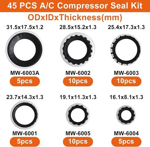 45 PCS A/C Gasket O-Ring Assortment kit, 6 Size Air Conditioning Compressor Port Seal Washer Kit, Replace A/C Compressor Bonded Seal Washer, Black in Saudi Arabia