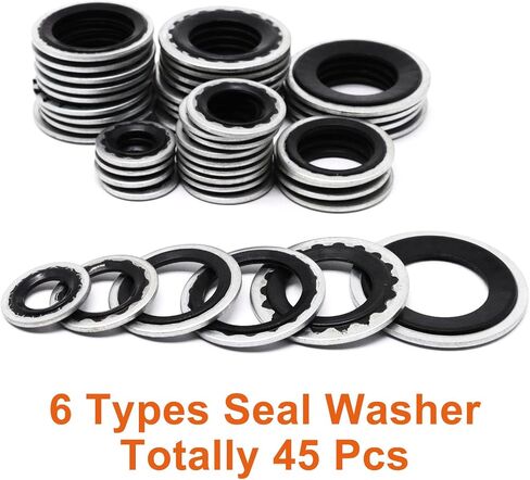 45 PCS A/C Gasket O-Ring Assortment kit, 6 Size Air Conditioning Compressor Port Seal Washer Kit, Replace A/C Compressor Bonded Seal Washer, Black in Saudi Arabia