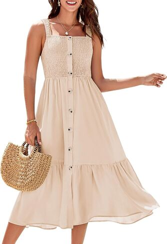 GRACE KARIN Womens Summer 2025 Midi Dress Spaghetti Strap Smocked Button Casual A Line Long Beach Flowy Sun Dresses Pockets in Saudi Arabia