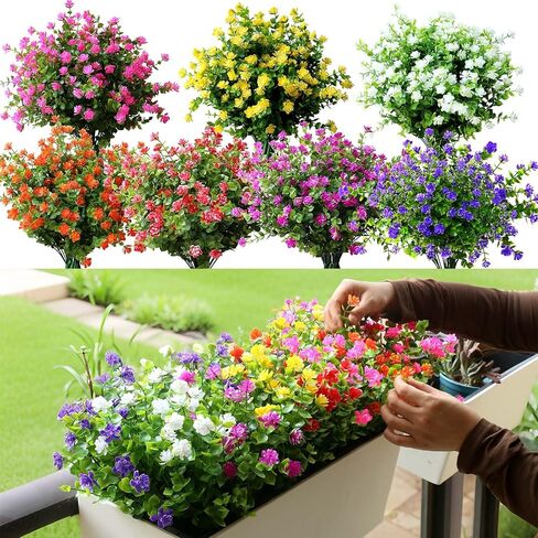زهور اصطناعية مزيفة ونباتات عشبية لتزيين الصيف في الهواء الطلق، مقاومة للأشعة فوق البنفسجية، 14 حزمة واقعية من النباتات البلاستيكية الخضراء الصناعية لوعاء الشرفة ونافذة صندوق الفناء (أحمر) in Kuwait