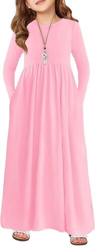 Haloumoning Girls Maxi Dress Long Sleeve Casual Holiday Dress with Pockets for 5-14 Years in Saudi Arabia